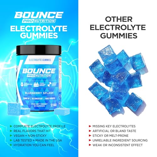 Bounce Pro Hydration Electrolyte Gummies – 51 Vegan Chewable Gummies with Sodium, Potassium & Magnesium for Running, Worko...