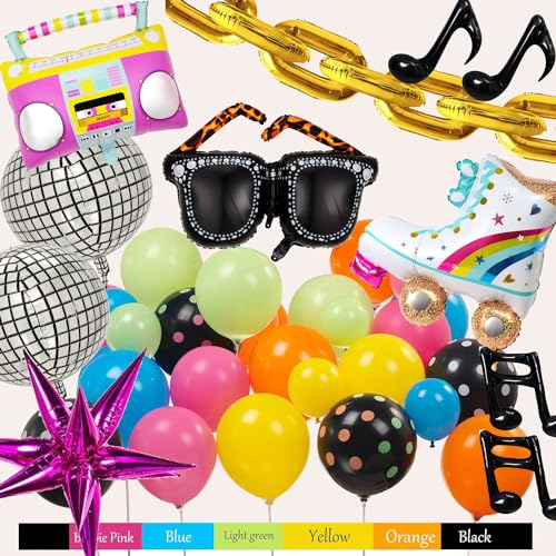 90s 80s Disco Theme Party Decorations, 171Pcs Balloon Arch Kit with Retro Disco Ball Radio Glasses Roller Skate Musical No...
