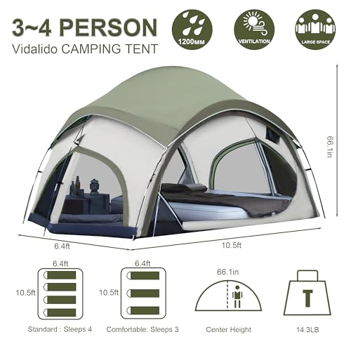 Vidalido 3-4 Person Camping Tent with 2 Large Mesh Door 4 Mesh Window Family Tents, Double Layer Waterproof Portable Easy ...