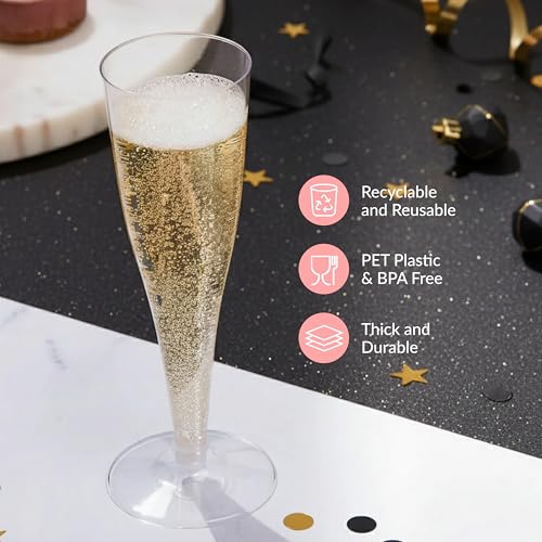 Prestee 100 Pack Clear Plastic Champagne Flutes - 4.5 oz Durable Disposable Champagne Glasses for Parties, Weddings, Toast...