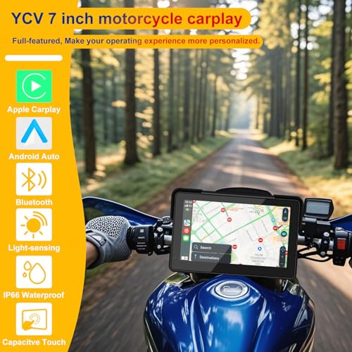 YCV 7" Wireless Motorcycle CarPlay with Android Auto, HD Waterproof GPS Navigation System Touchscreen, Anti-Theft Design Q...