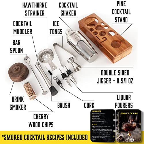Bartender Kit with Whiskey Smoker - 13 pcs, Bamboo Stand - Bar Set with Cocktail Shaker, Bartending Kit with Essential Bar...