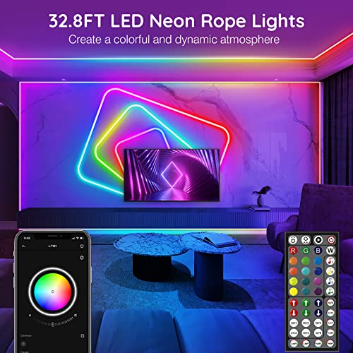 32.8Ft Neon Rope Lights,Flexible Led Rope Lights Control with App/Remote,Multiple Modes RopeLights,IP65 Outdoor RGB Led Ne...