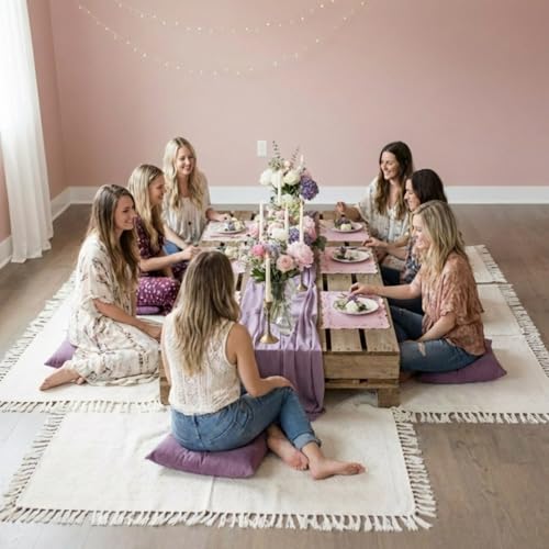 Hahafelt 8 Pcs Outdoor Picnic Blanket 35"x35" Boho Blanket Woven Cotton Yarn Portable Mat Plaid with Fringe Washable for P...