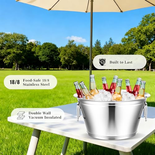 Maxdot Stainless Steel Beverage Tub 5 Gallon Champagne Buckets Insulated Ice Bucket for Parties with Double Hinged Handles...