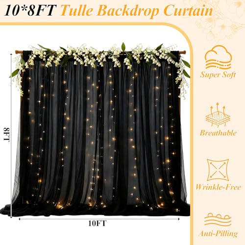 Ledido 10×8ft Black Tulle Backdrop Curtains with Lights String - 300LED Fairy Lights Sheer Curtain Backdrop for Wedding Ba...