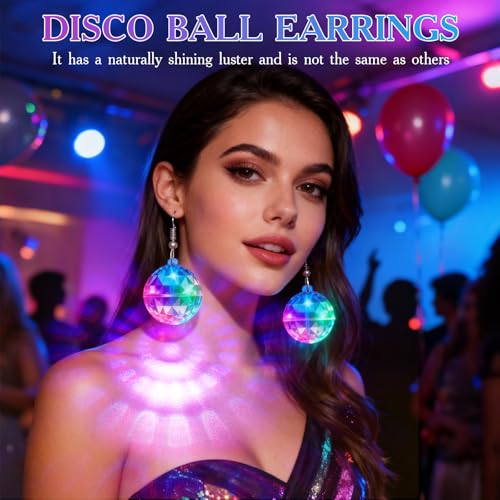 PartyFrenzy 2 Pair Rechargeable Disco Ball Earrings 16 Light Modes, Light up Earrings 32mm Flashing LED Earrings Ball for ...