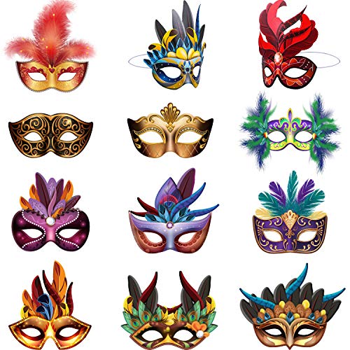 Blulu 24 Pcs Mardi Gras Masks Carnival Parade Faux Feather Face Waterproof Cardboard Masks Masquerade Party New Orleans Fa...