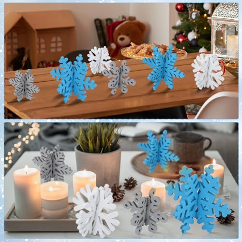 Wenqik 16 Pcs Winter Wooden Snowflake Decor Christmas Winter Snowflake Tabletop Decorations 3D Snow Table Signs Standing C...