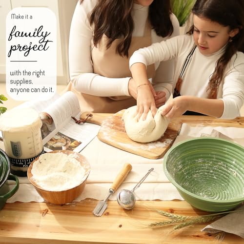 All-Inclusive 𝗣𝗥𝗘𝗠𝗜𝗨𝗠 Sourdough Starter Kit with Pot, 34 Oz Starter Jar, 4 Banneton Bread Proofing Baskets, Scrape...