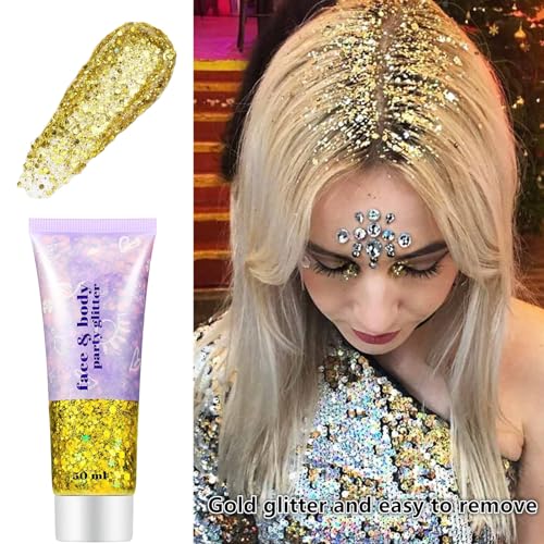 Go Ho Gold Face Body Glitter,Mardi Gras Glitter Makeup Gold Face Paint,Holographic Chunky Sequins Glitters for Eye Lip Hai...
