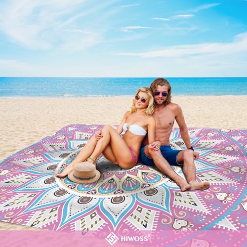Hiwoss Beach Blanket Waterproof Sandproof Oversized 95”x 80”,Sand Free Beach Mat with Corner Pockets,Portable Mesh Bag for...