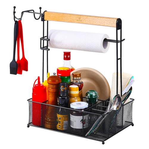 VIKEYHOME Grill Caddy, Picnic BBQ Organizer for Camping Outdoor Mesh Basket with 3 Hanging Hooks and Paper Towel Holder, I...