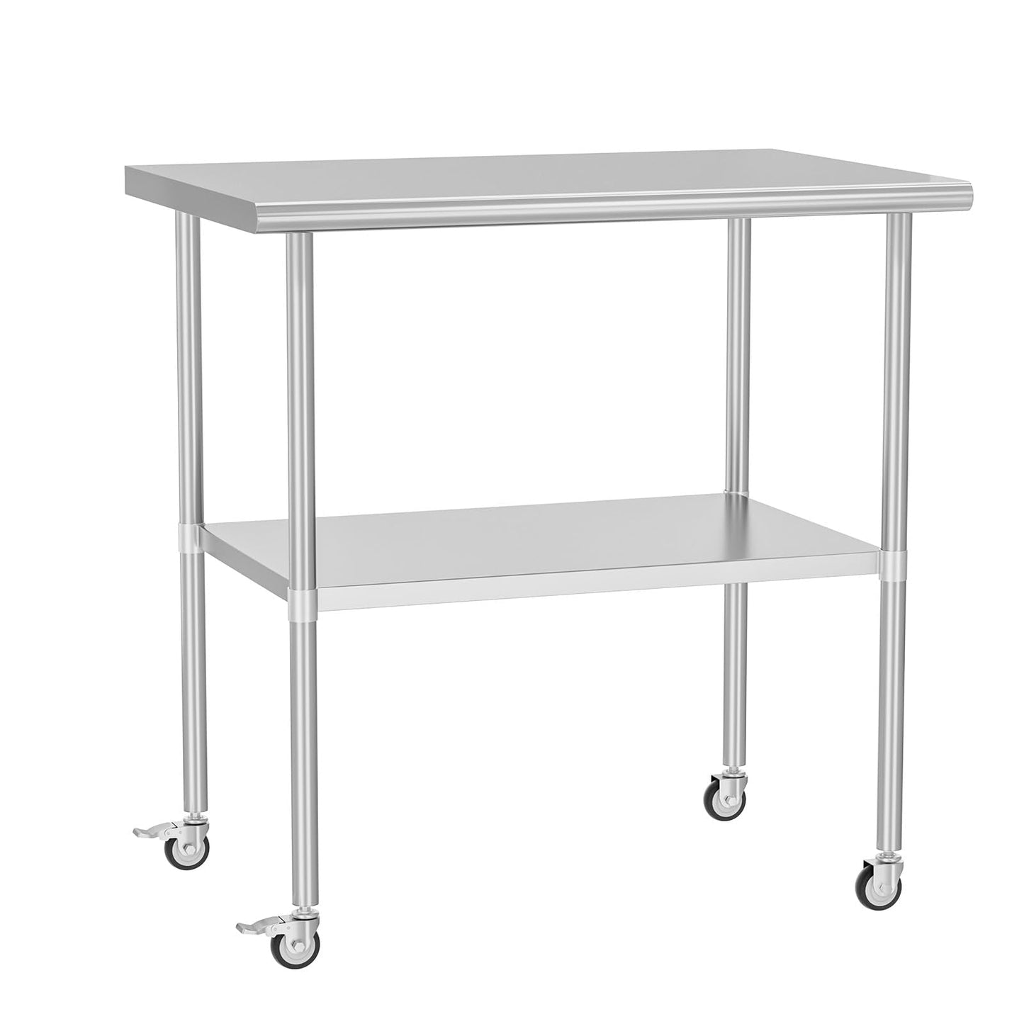 HOCCOT Stainless Steel Table with Wheels 30" x 36" Utility Worktable with Adjustable Undershelf for Commercial Kitchen, Garage, Restaurant