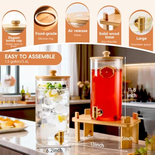 1.5 Gallon 2 Pack Glass Drink dispenser,Beverage Dispenser for parties supplies With Wood Stand,Water Dispensers with spig...