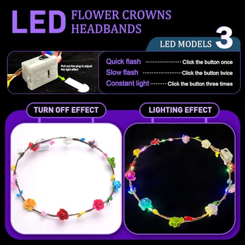 QSJQllo 50 Pcs LED Flower Crowns Headbands,Flower Crowns For Women,Mardi Gras Light Up Headbands Tiara Flower Crown Access...