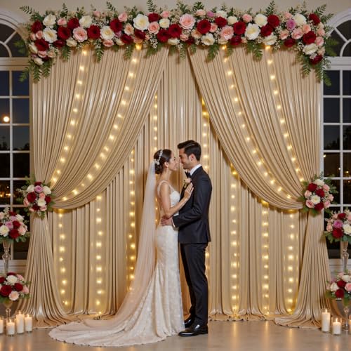 Outpain 10x10ft Champagne Sequin Backdrop Curtains with Light -Lighted Up Champagne Photo Backdrops with Non-Shedding Glit...
