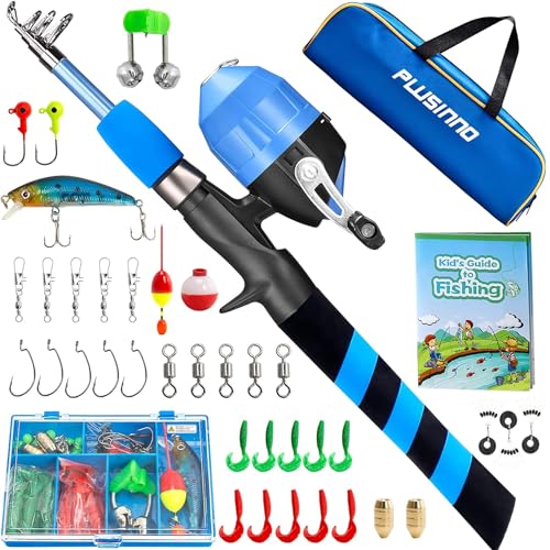PLUSINNO Kids Fishing Pole, Portable Telescopic Fishing Rod and Reel Combo Kit - with Spincast Fishing Reel Tackle Box for...