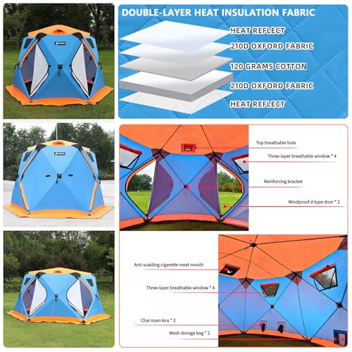 Large Insulated Ice Fishing Tent with Stove Jack – Warm Shelter for 6-12 People, Windproof, Double-Zipper Doors, 4 Vents, ...