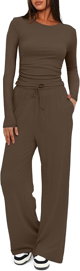 Darong Women's 2 Piece Outfits Lounge Sets 2026 Long Sleeve Tops Wide Leg Pants Casual Matching Set
