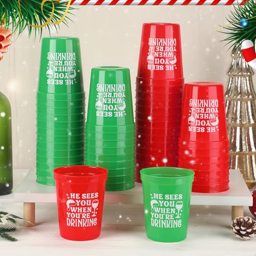 48 Pack Christmas Plastic Cups Bulk 16 oz Red and Green Reusable Stadium Cups He Sees You When You're Drinking Bar Winegla...