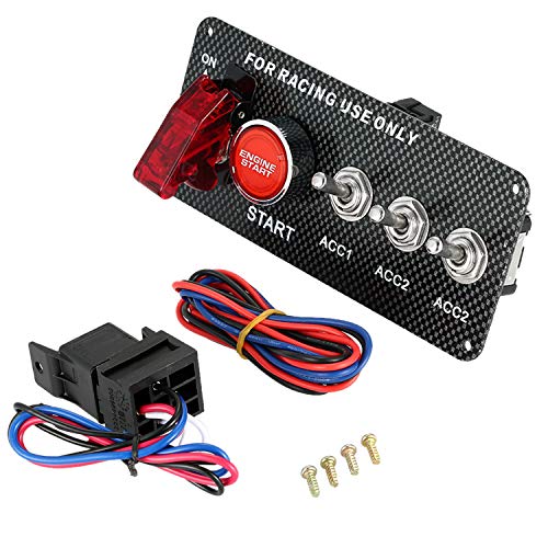 Stark Industries - Race Car Ignition Panel with Engine Start Button and 3 Toggle Switches - Carbon Fiber 12V LED Switch Panel