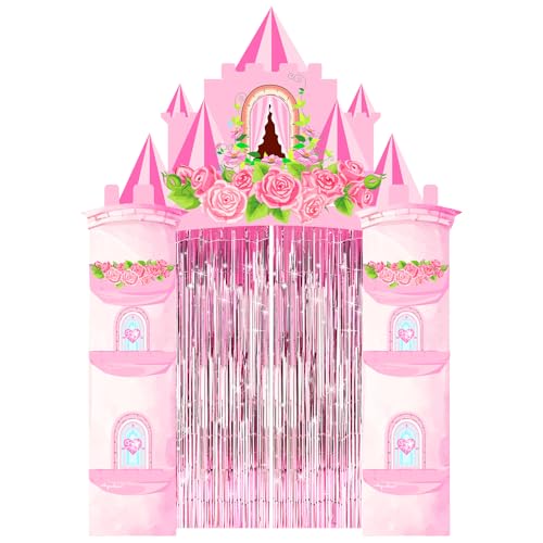 Bafeil Princess Birthday Party Decorations Supplies - Castle Door Porch Banner Backdrop and Pink Foil Fringe Curtains for ...