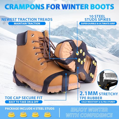 Ice Cleats for Boots & Shoes - Anti-Slip Rubber Traction Cleats for Walking, Hiking & Climbing - 10 Steel Studs Crampons f...