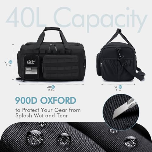 BAGZY 3 In 1 Tactical Military Travel Duffle Bag 40L with Shoe Compartment Gym Bag Backpack for Fitness Weekender Deployme...