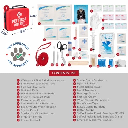Dog First Aid Kit - Vet Approved Pet First Aid Supplies to Treat Dogs & Cats in an Emergency - Pet First Aid Kit Guide, Ti...