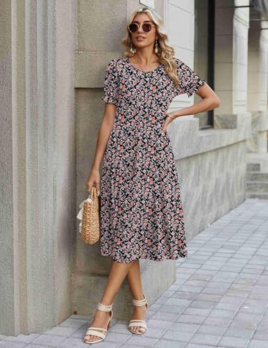 Zeagoo Womens Summer Dress Casual Midi Dresses 2026 Short Puff Sleeve Flare Dress Pleated Flowy Sundress with Pockets