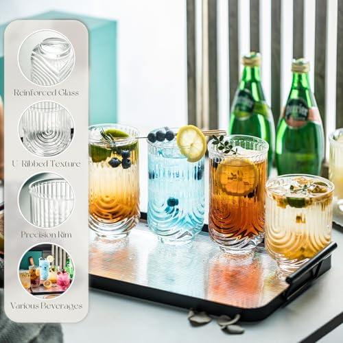 Art Deco Cocktail Glasses, Ribbed Drinking Glasses Set Of 8,14 oz Highball Glasses & 12 oz Cocktail Glasses Set, Kitchen W...