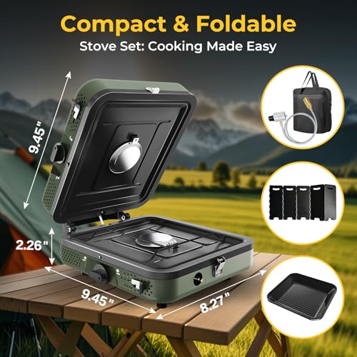 Camping Stove, 2 Burner Propane Stove With Grill,17,000 BTU Camp Stove, Foldable Camping Stove Propane Includes Carry Bag,...
