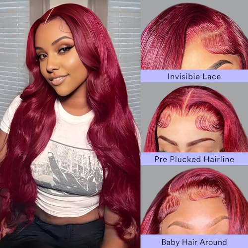 24 Inch 99j Burgundy Lace Front Wigs Human Hair 13x4 HD Red Burgundy Body Wave Wig Human Hair 200 Density Body Wave Lace Front Wigs Pre Plucked Glueless Frontal Wigs for Women