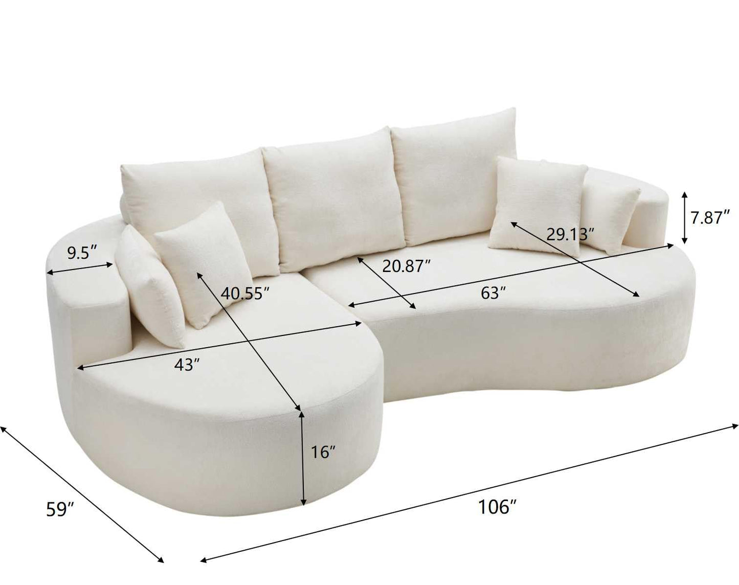 Christopher Knight Home Carden 106" Curved Modular Sectional Sofa, Comfy Sofa Couch with Chaise Lounge, Modern Cloud Couch with Deep Seat, Fabric Upholstered Seating Set for Living Room Bedroom, White