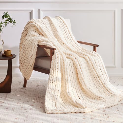 Negwoo Chunky Knit Throw Blanket, 50''*60'' Knitted Throw Chenille Yarn for Bed Couch, Handmade Cream Crochet Big Thick Bl...