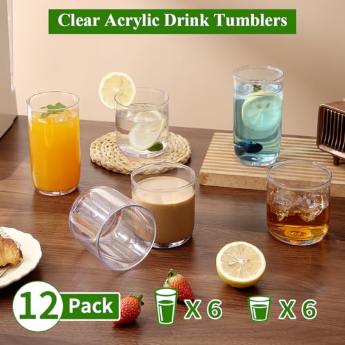 Kyraton Drinking Glasses Set of 12, PET Clear Plastic Highball Glasses 14oz & Whisky Cocktail Glasses Set 11.5oz, Heavy Du...