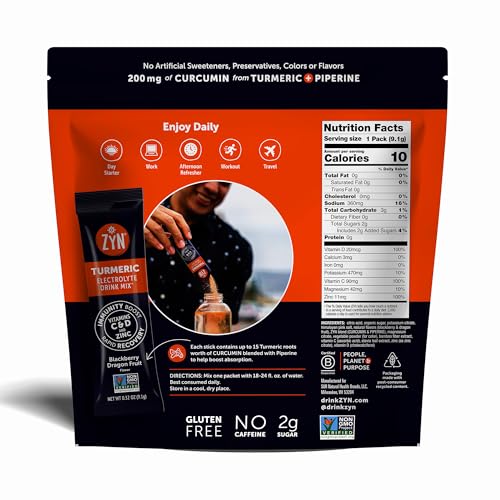 ZYN Electrolyte Drink Mix Hydration Packets, BlackBerry Dragonfruit Electrolytes Powder, Hydration Packets w/Turmeric Curc...