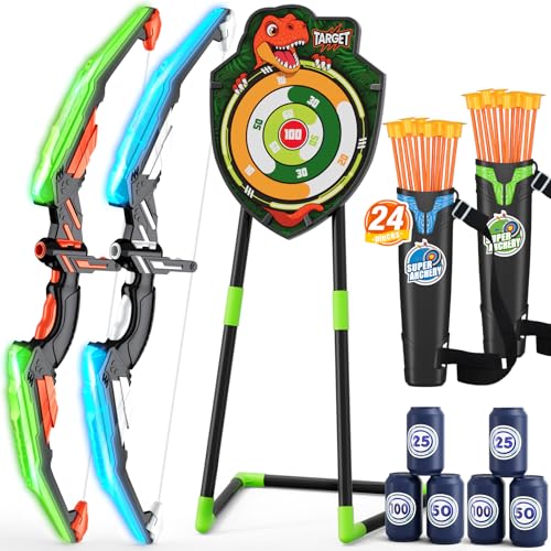 HYES 2 Pack Bow and Arrow for Kids, LED Light Up Archery Set with 24 Suction Cup Arrows, 1 Standing Target, 6 Score Target...