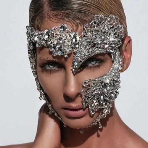 STONEFANS Masquerade Mask for Women Rhinestone Silver Venetian Mardi Gras Mask Costume Masquerade Accessories for Women
