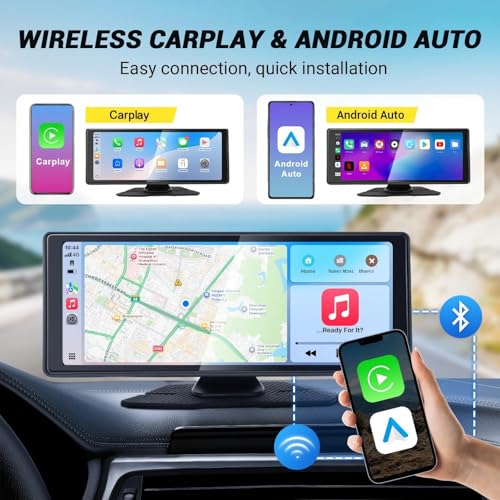 NOVCAPAR 10.26" Wireless Carplay Screen for Car,Portable CarPlay&Android Auto,4K Dash Cam,1080P Backup Camera,Touchscreen ...