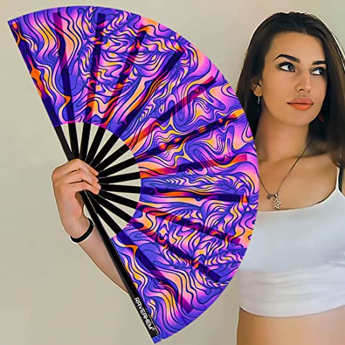 Raveahem UV Glow Rave Fan, Bamboo Folding Clack Hand Fans Foldable for Men Women, Boots on the Ground Poping Fan for EDM F...