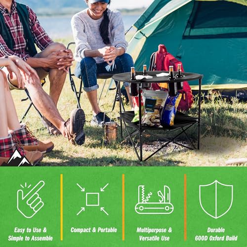 Camping Table - 2-Tier Folding Table with 4 Cupholders and Carry Bag for Picnic, Tailgate, Beach, or Camp - Camping Gear b...