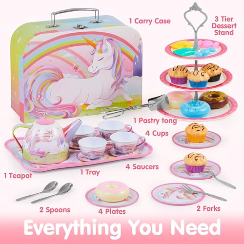 JOYIN 35Pcs Unicorn Tea Party Set for Little Girls, Pretend Tin Teapot Set, Princess Tea Time Play Kitchen Toy with Desser...