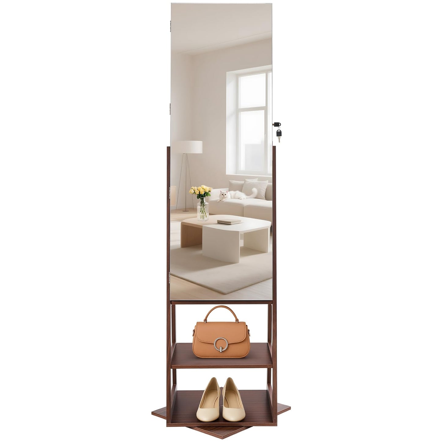 VEVOR 360° Swivel Jewelry Cabinet, 61-inch Tall, Full-Length Mirror with Storage, Standing Rotatable Jewelry Armoire Organizer, Lockable Door with 2 Keys, Accessory Pouches, and Storage Shelves