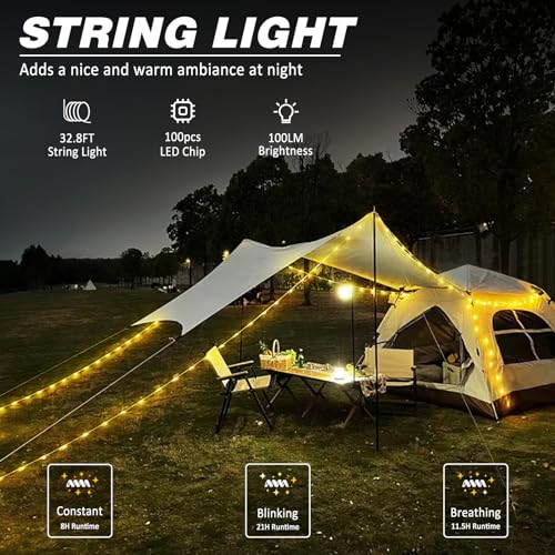 DIBMS 1-Pack Camping String Light w/Lamp, 32.8FT Rechargeable Waterproof LED Hanging Light for Outdoor Camping Awning Tent...