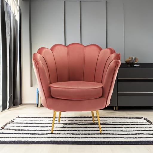 DAGONHIL Mid Century Modern Upholstered Accent Chair,Petal Vanity Chair,Retro Leisure Velvet Single Sofa with Golden Metal Legs for Living Room/Bedroom/Makeup Room, Rose Pink