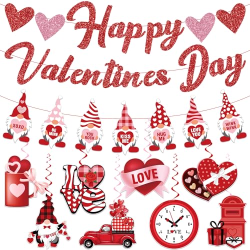 Biswiter Valentines Day Decorations, NO-DIY Party Decorations Includes Glitter Happy Banner, Supplies Hanging Swirls, for ...