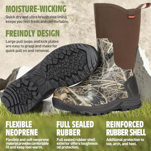 Showave Men's Rain Boots Excursion Rubber Boot Calf High Waterproof Insulated Mud Boots Outdoor Footwear for Trekking Gard...