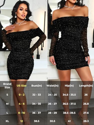 Kaei&Shi Sparkly Off Shoulder Dress,Mesh Long Sleeve Ruched Bodycon Corset Dresses Women,Sexy Birthday Outfit Club Going Out